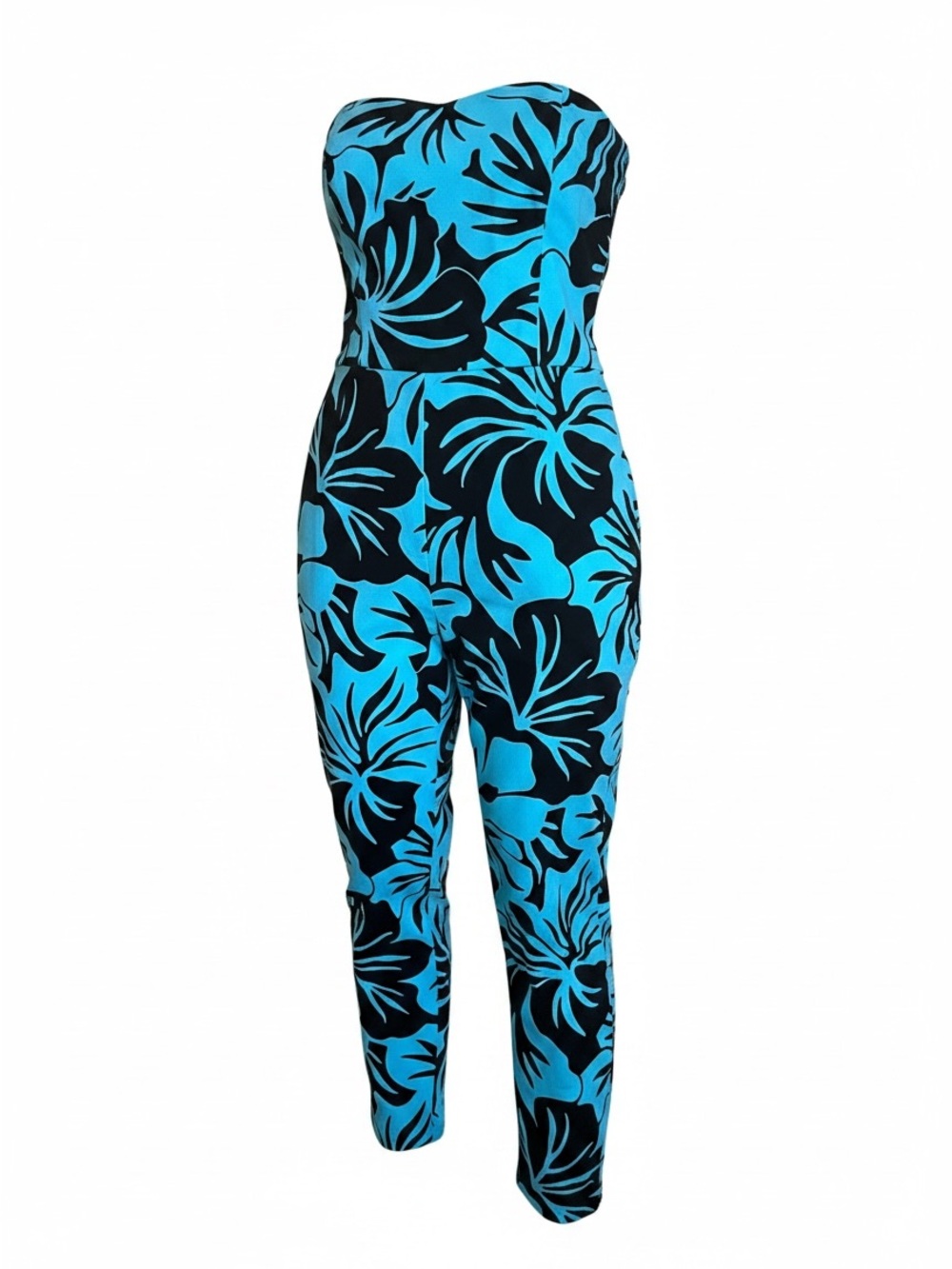 Michael Kors Strapless Turquoise & Black Floral Print Jumpsuit